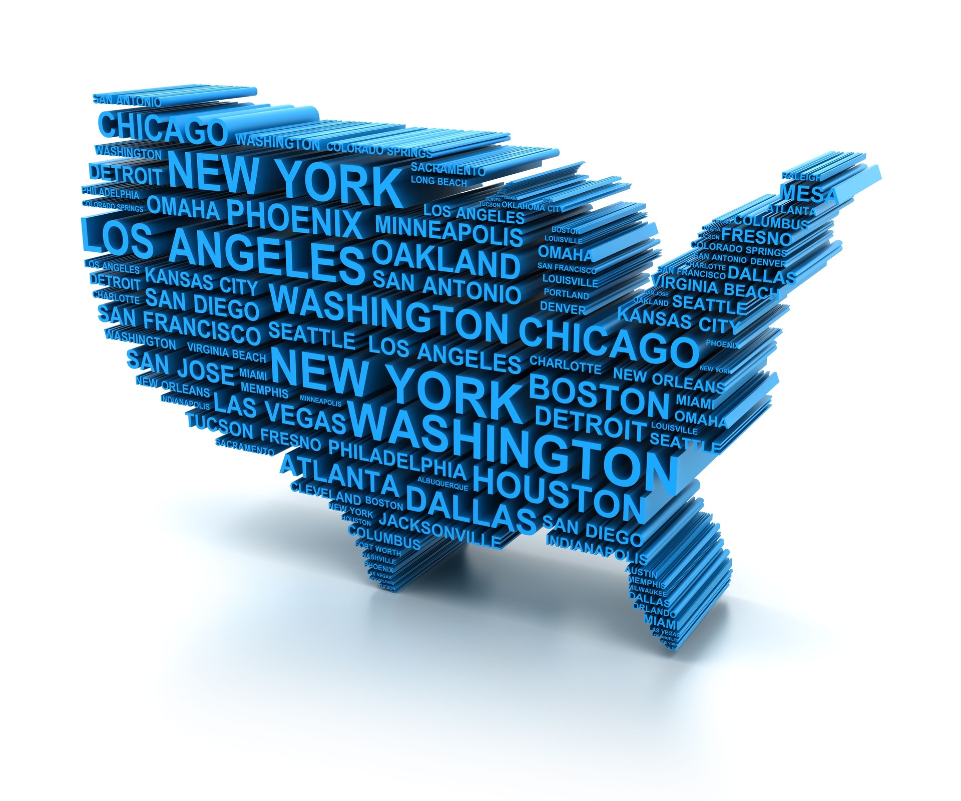 3d map formed by names of major USA cities